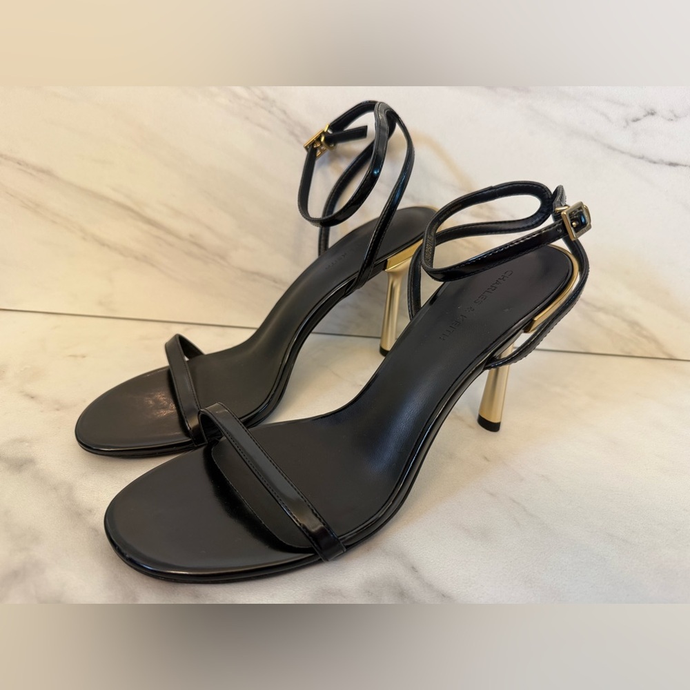 Charles & Keith Black Ankle Strap Heels with Gold Heel Minimalist Chic Size 39